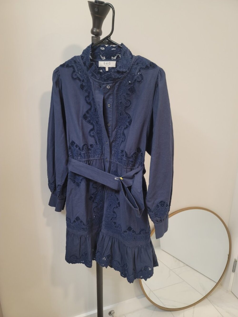 Sea New York Anita Eyelet Long Sleeve Mini Dress Night Navy Size 2